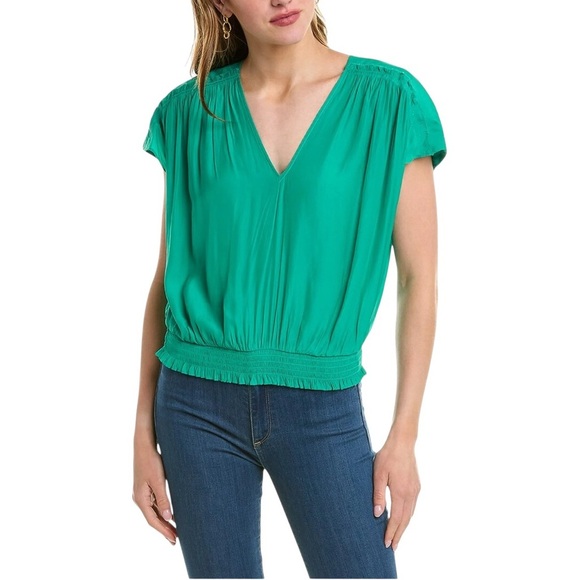 NWT Ramy Brook Emerald Green V-Neck Blouse with Smocked Waist - Picture 1 of 10